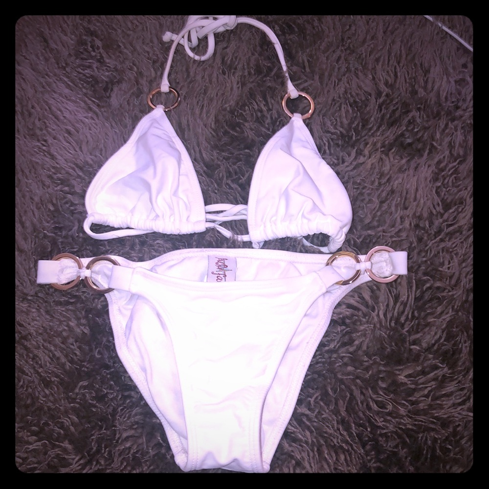 Gorgeous Designer White & Gold Rings Bikini size S